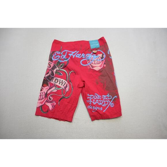 Vtg Ed Hardy Men's Red "Surf or Die" Board Shorts Sz Large Graphic Swim Trunks - Picture 7 of 13